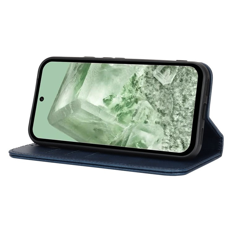 For Google Pixel 8a Case PU Leather Calf Textured Magnetic Closing Smart Phone Cover - Dark Blue