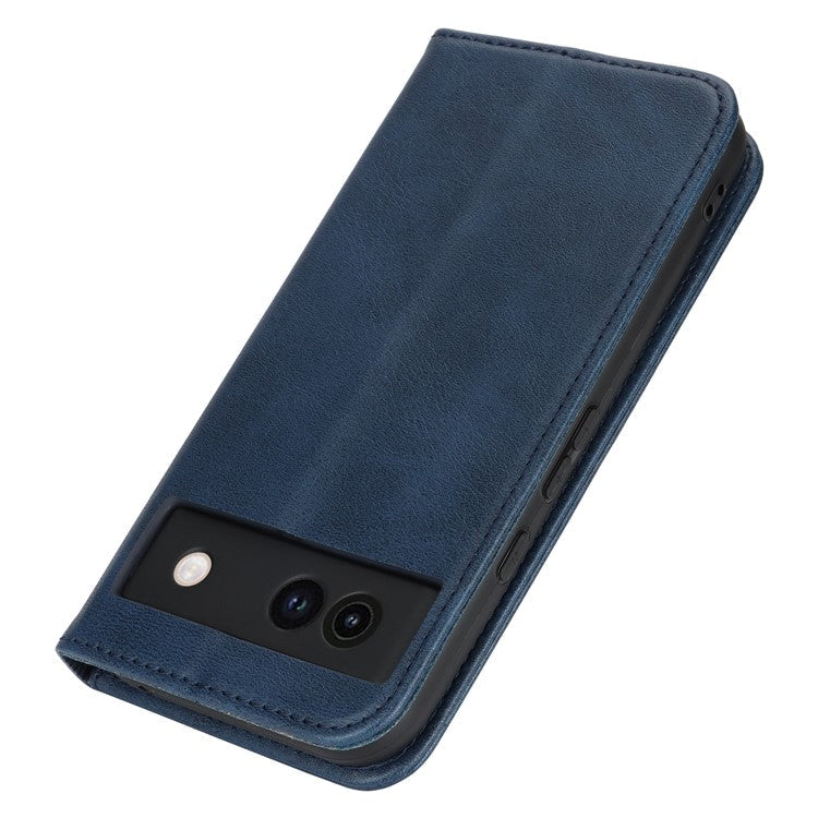 For Google Pixel 8a Case PU Leather Calf Textured Magnetic Closing Smart Phone Cover - Dark Blue