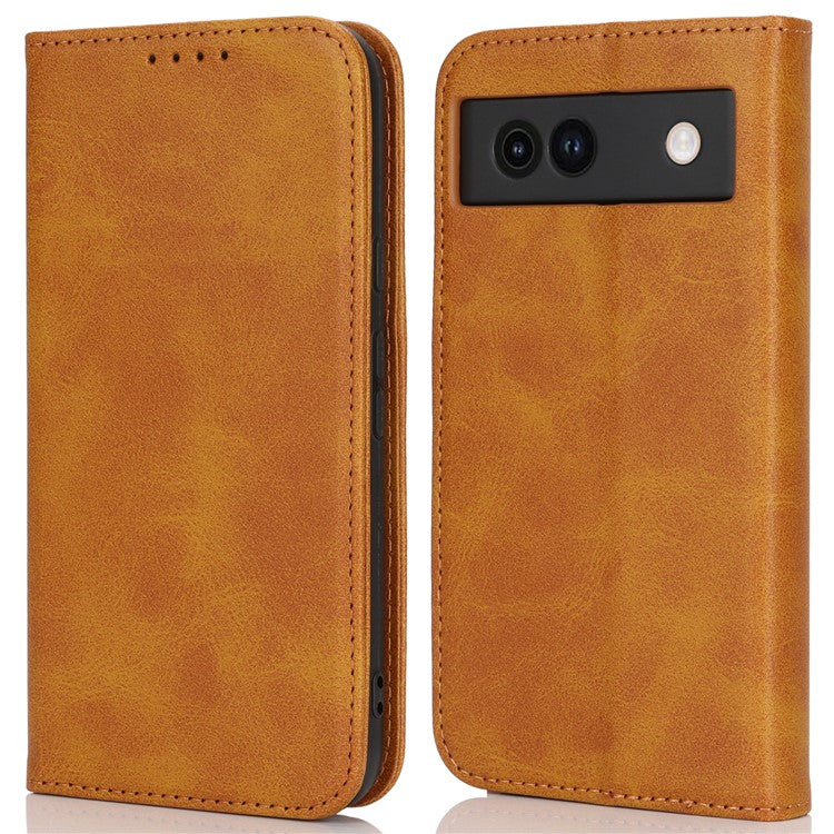 For Google Pixel 8a Case PU Leather Calf Textured Magnetic Closing Smart Phone Cover - Light Brown