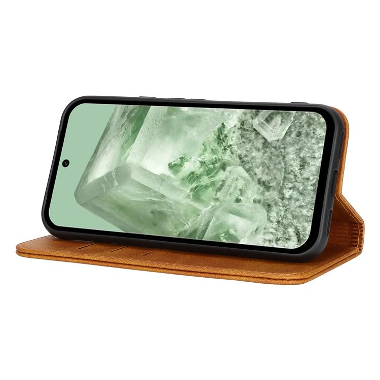 For Google Pixel 8a Case PU Leather Calf Textured Magnetic Closing Smart Phone Cover - Light Brown