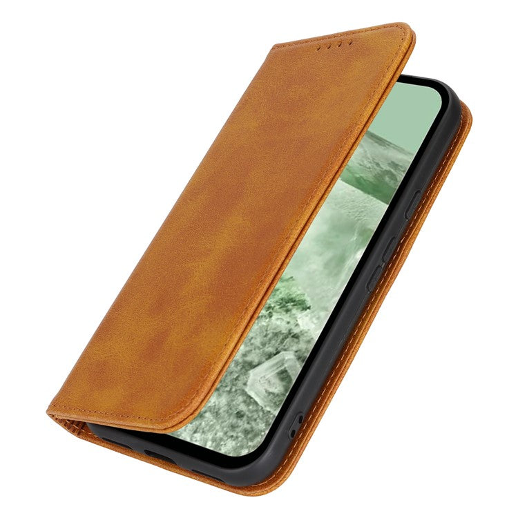 For Google Pixel 8a Case PU Leather Calf Textured Magnetic Closing Smart Phone Cover - Light Brown