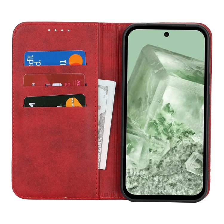 For Google Pixel 8a Case PU Leather Calf Textured Magnetic Closing Smart Phone Cover - Red