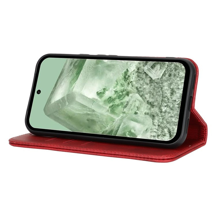 For Google Pixel 8a Case PU Leather Calf Textured Magnetic Closing Smart Phone Cover - Red