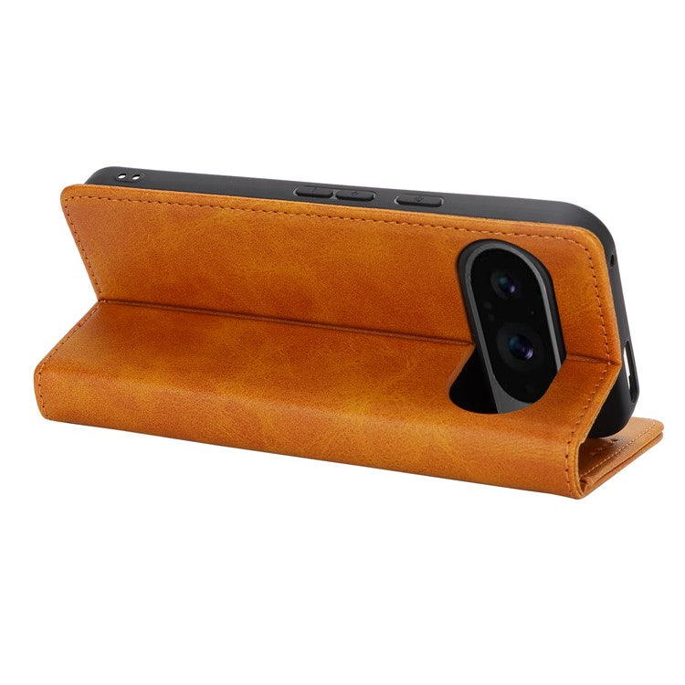 For Google Pixel 9 / Pixel 9 Pro Case PU Leather Wallet Magnetic Closing Phone Cover - Light Brown