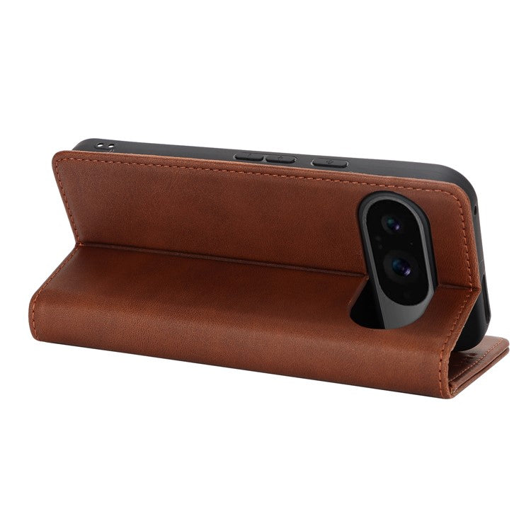 For Google Pixel 9 / Pixel 9 Pro Case PU Leather Wallet Magnetic Closing Phone Cover - Dark Brown