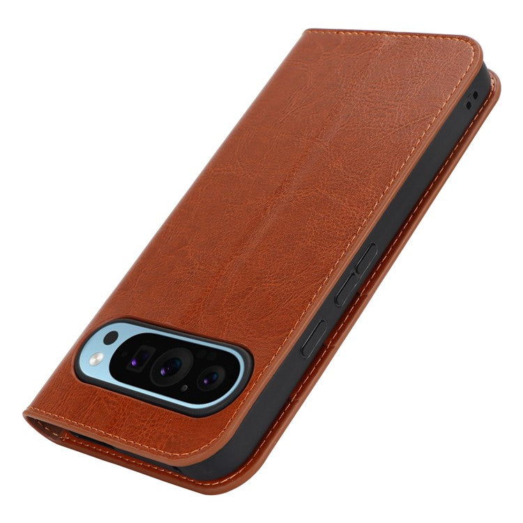 For Google Pixel 9 Pro XL Case Crazy Horse Texture Split Leather Wallet Phone Cover - Light Brown