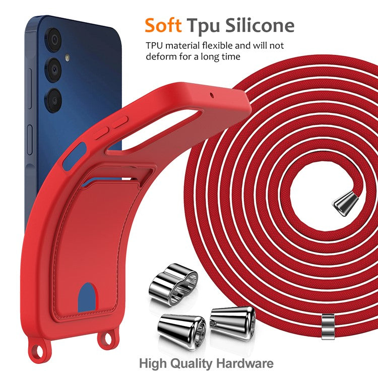 For Samsung Galaxy A24 4G (162.1 x 77.6 x 8.3mm) Case with Card Slot Liquid Silicone Crossbody Phone Cover - Red
