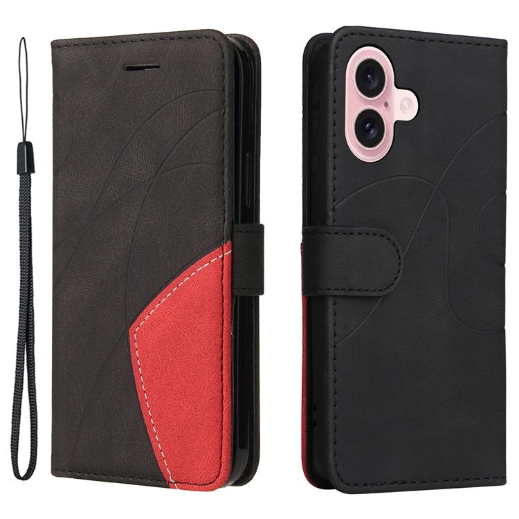 KT Leather Series-1 For iPhone 16 Case Color Splicing Wallet PU Leather Phone Cover - Black
