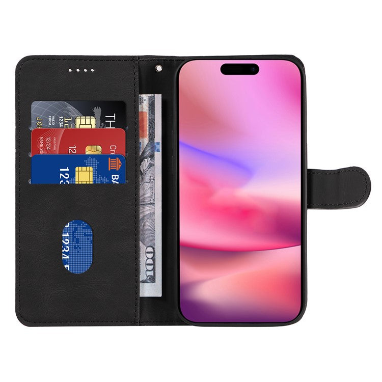 For iPhone 16 Case Flip PU Leather Phone Cover with Curved Line - Black
