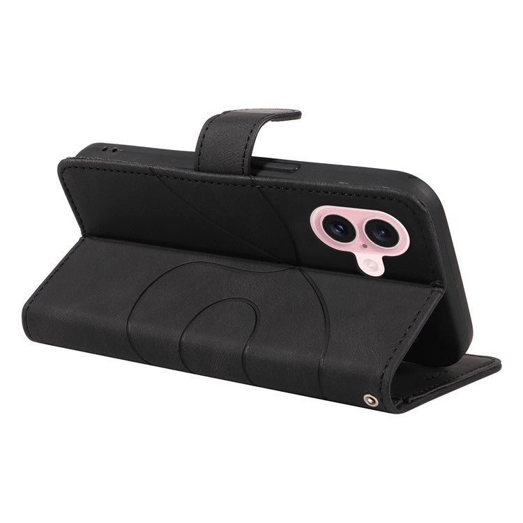 For iPhone 16 Case Flip PU Leather Phone Cover with Curved Line - Black