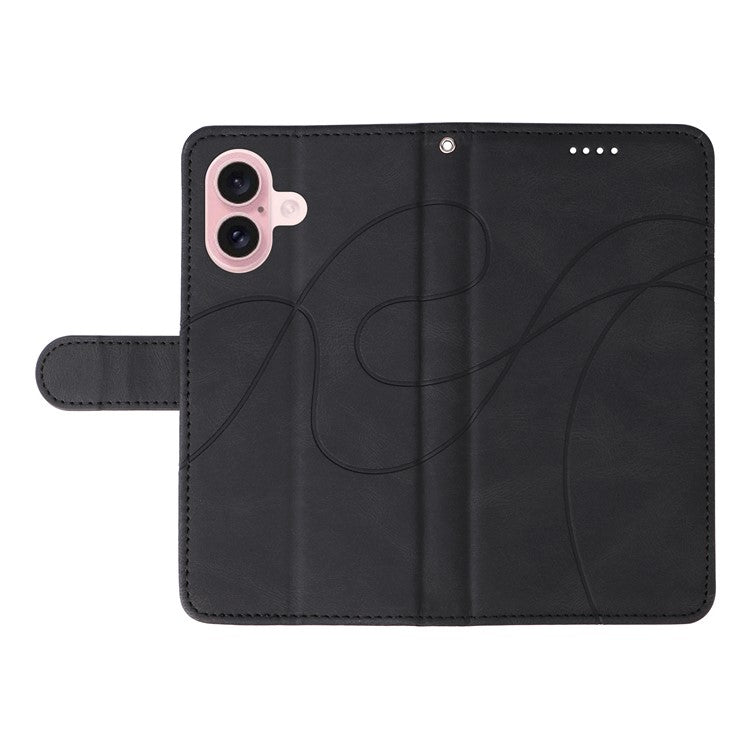 For iPhone 16 Case Flip PU Leather Phone Cover with Curved Line - Black