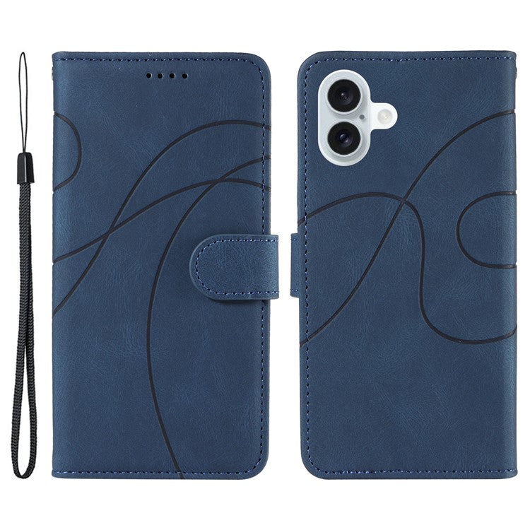 For iPhone 16 Plus Case Curved Line Imprint Leather Wallet Stand Phone Cover -  Blue