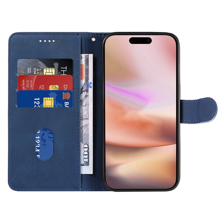 For iPhone 16 Plus Case Curved Line Imprint Leather Wallet Stand Phone Cover -  Blue