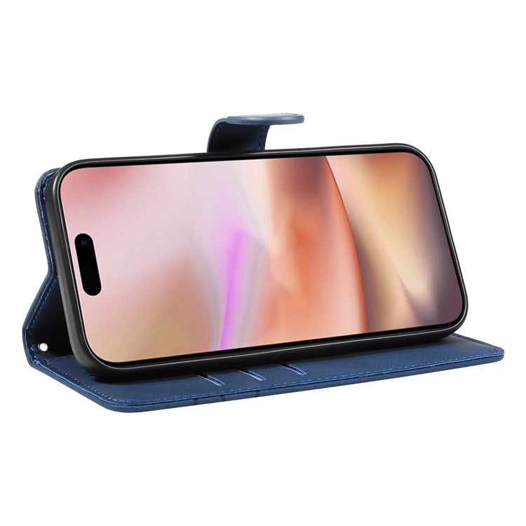 For iPhone 16 Plus Case Curved Line Imprint Leather Wallet Stand Phone Cover -  Blue