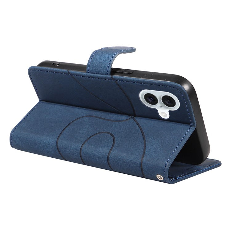 For iPhone 16 Plus Case Curved Line Imprint Leather Wallet Stand Phone Cover -  Blue
