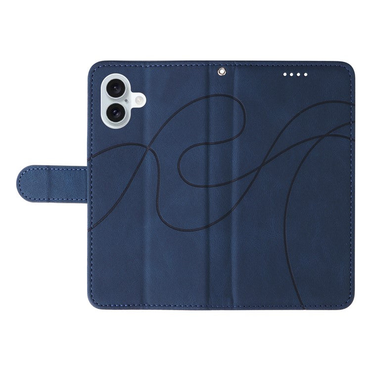For iPhone 16 Plus Case Curved Line Imprint Leather Wallet Stand Phone Cover -  Blue