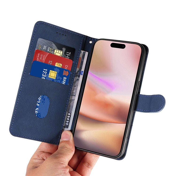 For iPhone 16 Plus Case Curved Line Imprint Leather Wallet Stand Phone Cover -  Blue