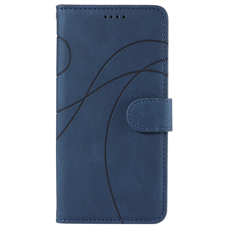 For iPhone 16 Plus Case Curved Line Imprint Leather Wallet Stand Phone Cover -  Blue