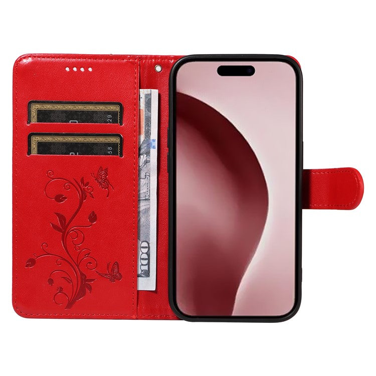For iPhone 16 Pro Case PU Leather Flip Phone Cover Imprint Butterfly Flower - Red