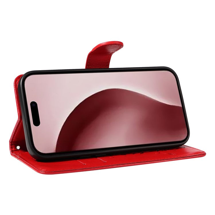 For iPhone 16 Pro Case PU Leather Flip Phone Cover Imprint Butterfly Flower - Red