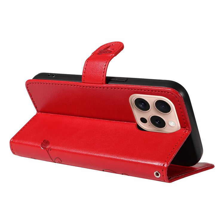 For iPhone 16 Pro Case PU Leather Flip Phone Cover Imprint Butterfly Flower - Red