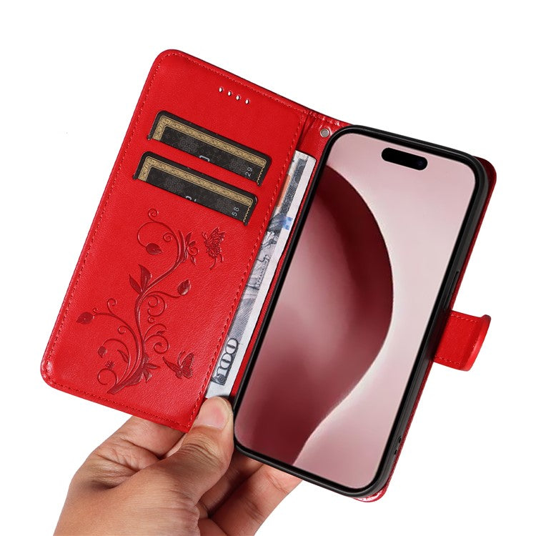 For iPhone 16 Pro Case PU Leather Flip Phone Cover Imprint Butterfly Flower - Red