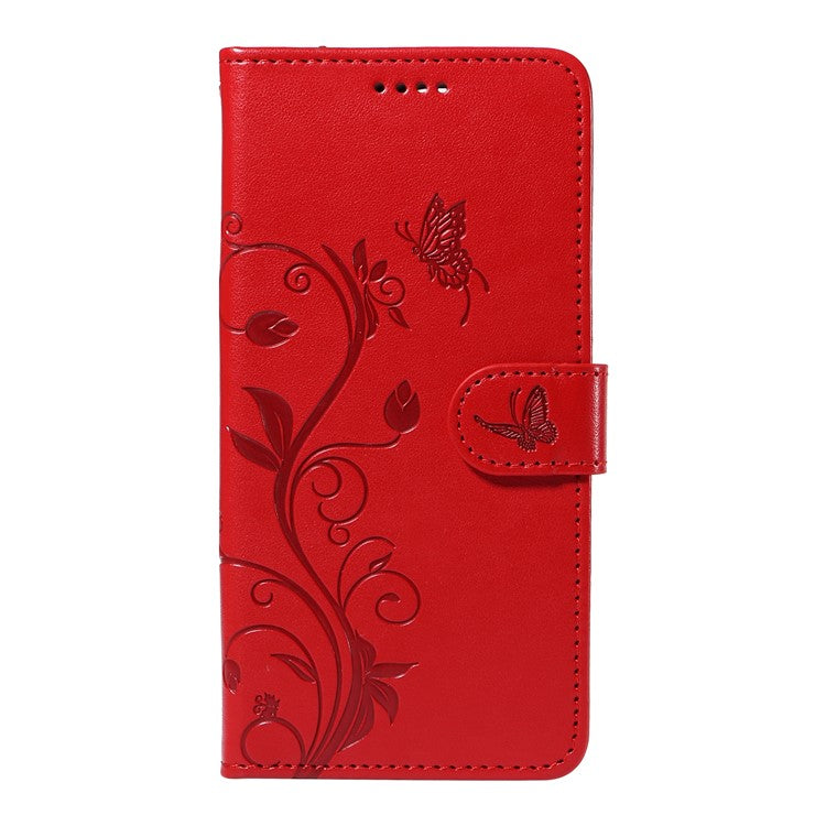 For iPhone 16 Pro Case PU Leather Flip Phone Cover Imprint Butterfly Flower - Red