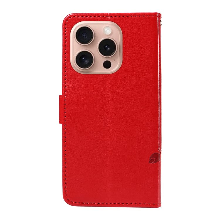 For iPhone 16 Pro Case PU Leather Flip Phone Cover Imprint Butterfly Flower - Red