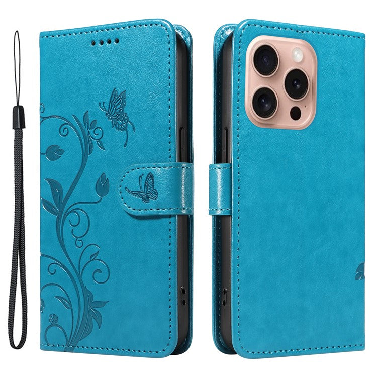 For iPhone 16 Pro Case PU Leather Flip Phone Cover Imprint Butterfly Flower - Blue
