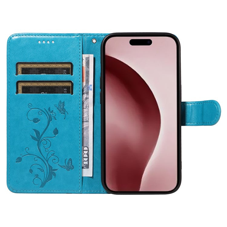 For iPhone 16 Pro Case PU Leather Flip Phone Cover Imprint Butterfly Flower - Blue