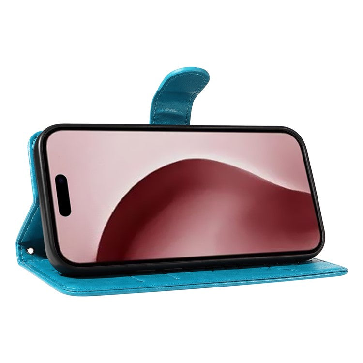 For iPhone 16 Pro Case PU Leather Flip Phone Cover Imprint Butterfly Flower - Blue