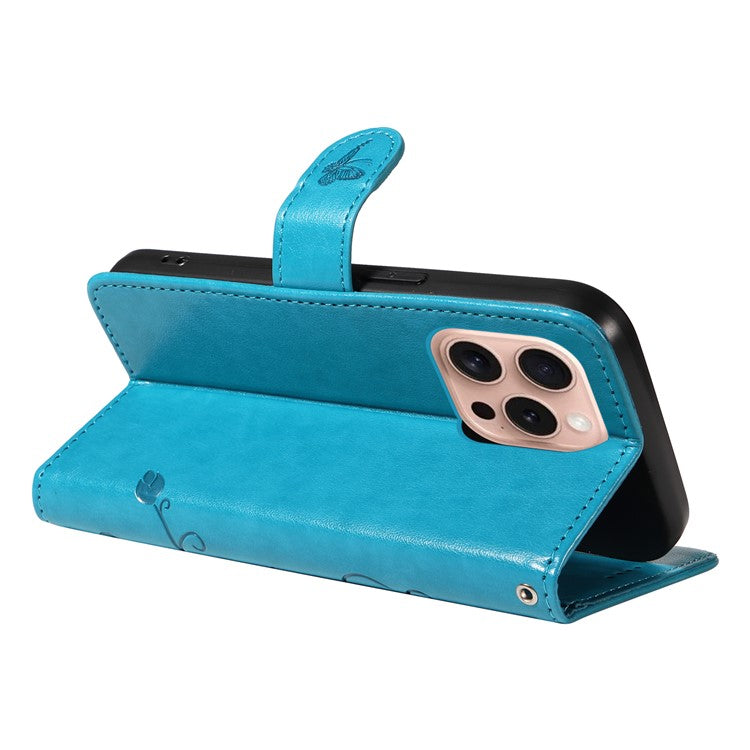 For iPhone 16 Pro Case PU Leather Flip Phone Cover Imprint Butterfly Flower - Blue