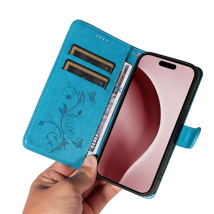 For iPhone 16 Pro Case PU Leather Flip Phone Cover Imprint Butterfly Flower - Blue