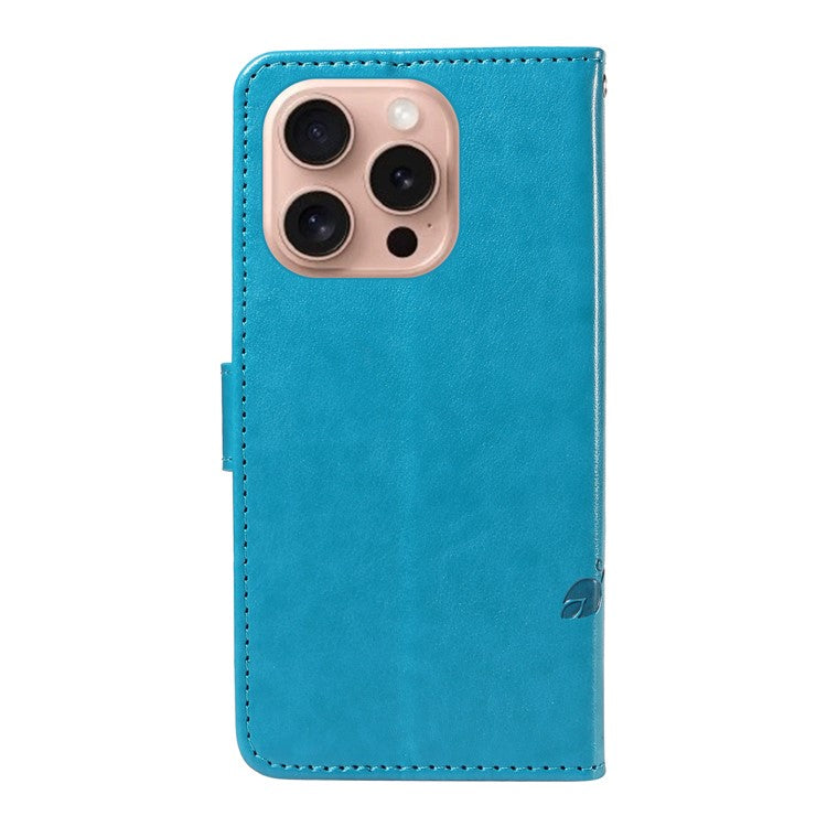 For iPhone 16 Pro Case PU Leather Flip Phone Cover Imprint Butterfly Flower - Blue