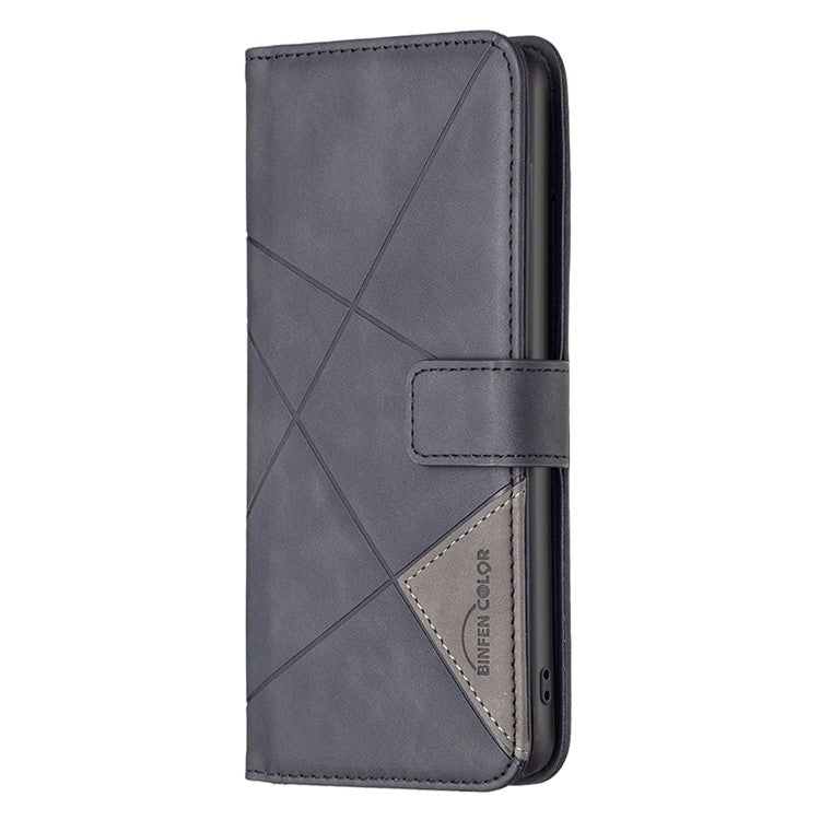 BINFEN COLOR BF05 For iPhone 16 Pro Case Leather Wallet Phone Cover Geometric Imprinted -  Black