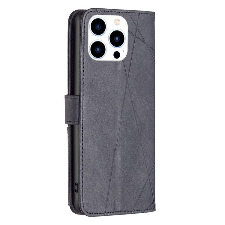 BINFEN COLOR BF05 For iPhone 16 Pro Case Leather Wallet Phone Cover Geometric Imprinted -  Black