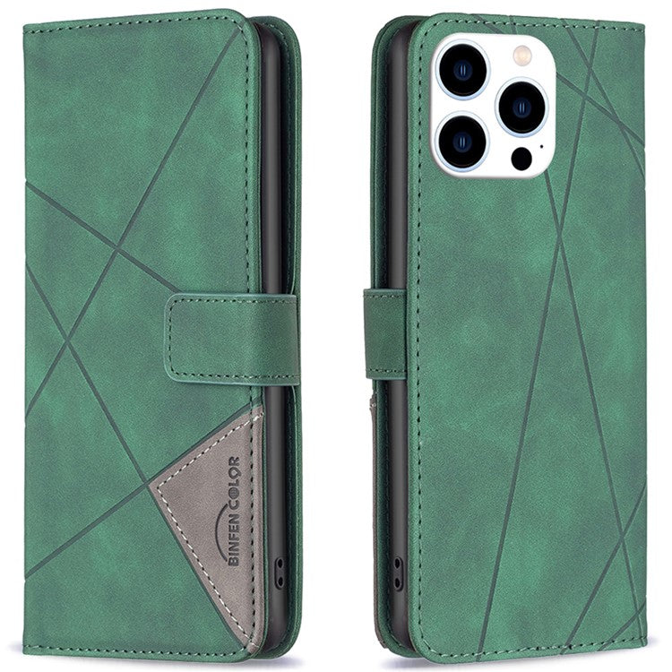 BINFEN COLOR BF05 For iPhone 16 Pro Case Leather Wallet Phone Cover Geometric Imprinted -  Green