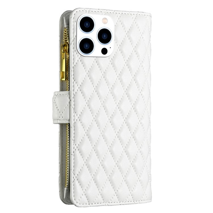BINFEN COLOR BF Style-15 For iPhone 16 Pro Case Rhombus Leather Phone Cover with Zipper - White
