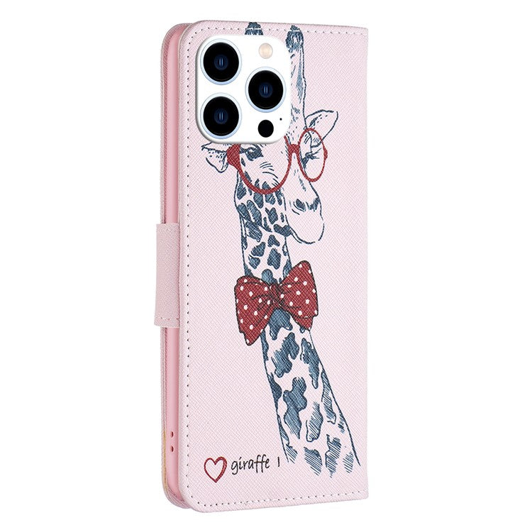 For iPhone 16 Pro Leather Case Pattern Printing Wallet Stand Phone Cover - Giraffe