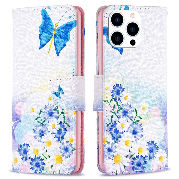 For iPhone 16 Pro Leather Case Pattern Printing Wallet Stand Phone Cover - Butterfly and Flowers