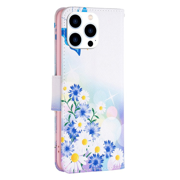 For iPhone 16 Pro Leather Case Pattern Printing Wallet Stand Phone Cover - Butterfly and Flowers