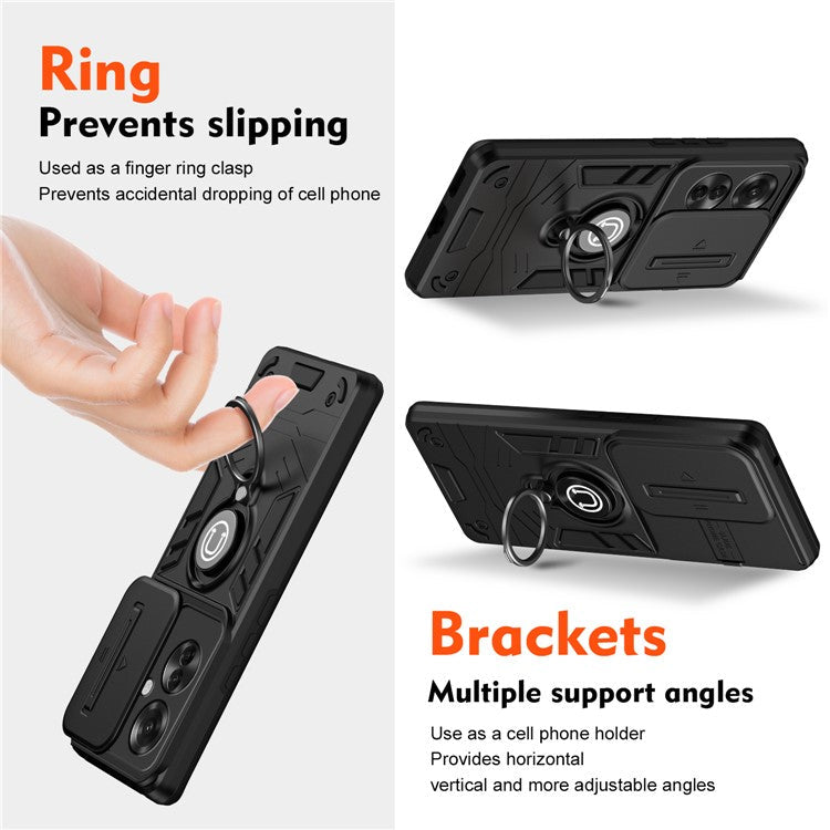 Ring Holder Kickstand Phone Shell for Oppo Reno11 F 5G / F25 Pro 5G Case Slide Lens Lid Phone Cover - Black