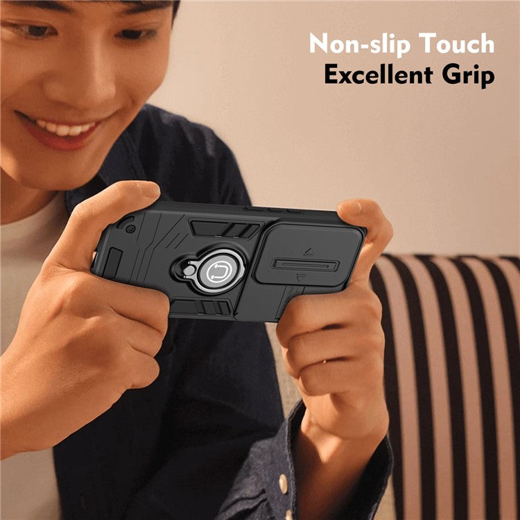 Ring Holder Kickstand Phone Shell for Oppo Reno11 F 5G / F25 Pro 5G Case Slide Lens Lid Phone Cover - Black