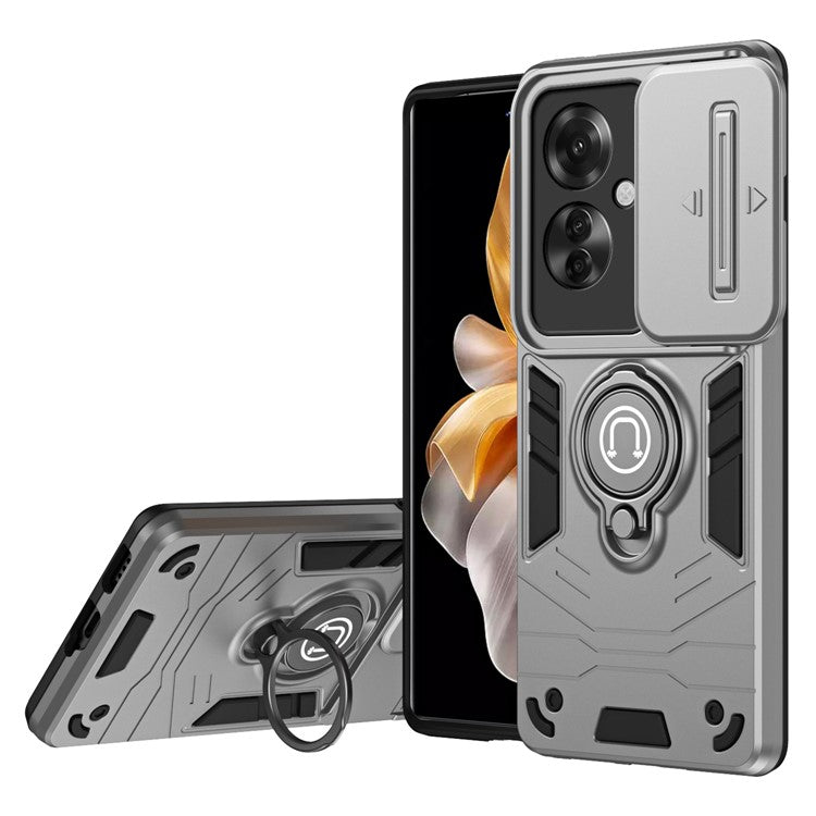 Ring Holder Kickstand Phone Shell for Oppo Reno11 F 5G / F25 Pro 5G Case Slide Lens Lid Phone Cover - Grey