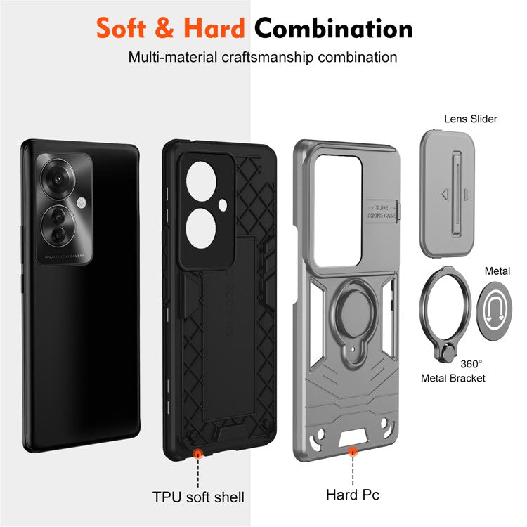 Ring Holder Kickstand Phone Shell for Oppo Reno11 F 5G / F25 Pro 5G Case Slide Lens Lid Phone Cover - Grey