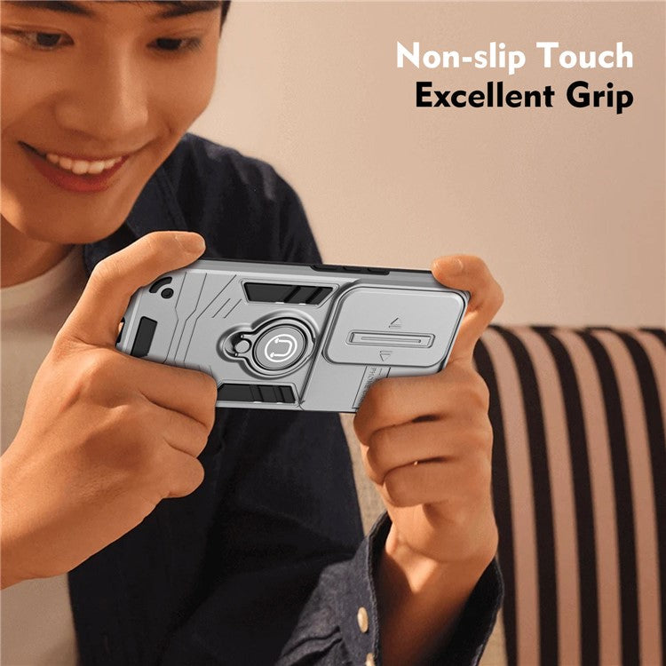 Ring Holder Kickstand Phone Shell for Oppo Reno11 F 5G / F25 Pro 5G Case Slide Lens Lid Phone Cover - Grey