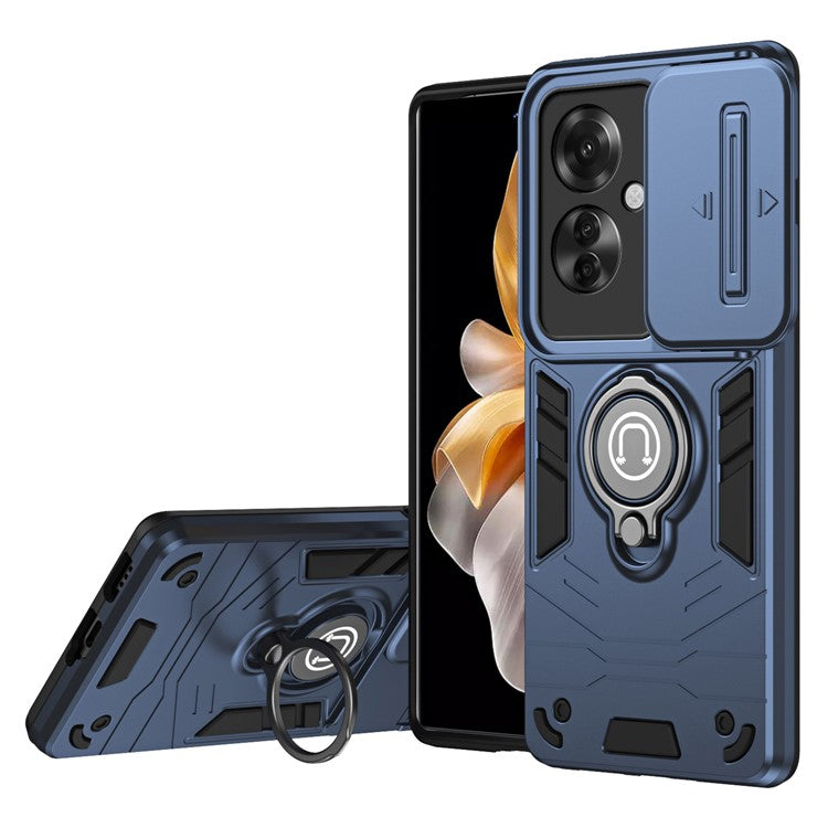Ring Holder Kickstand Phone Shell for Oppo Reno11 F 5G / F25 Pro 5G Case Slide Lens Lid Phone Cover - Blue