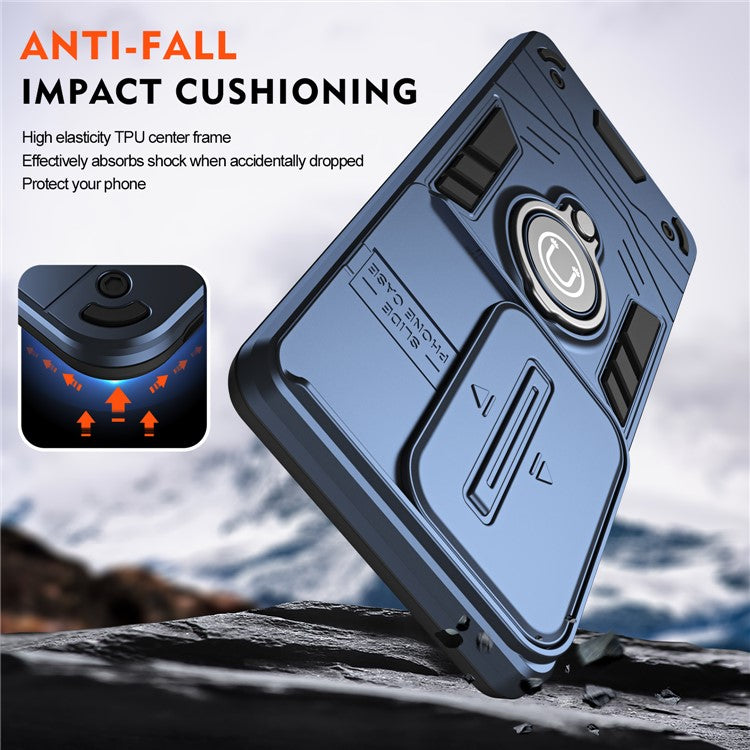 Ring Holder Kickstand Phone Shell for Oppo Reno11 F 5G / F25 Pro 5G Case Slide Lens Lid Phone Cover - Blue