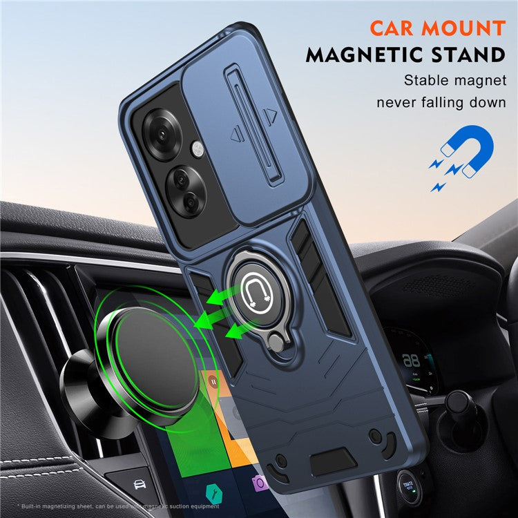 Ring Holder Kickstand Phone Shell for Oppo Reno11 F 5G / F25 Pro 5G Case Slide Lens Lid Phone Cover - Blue