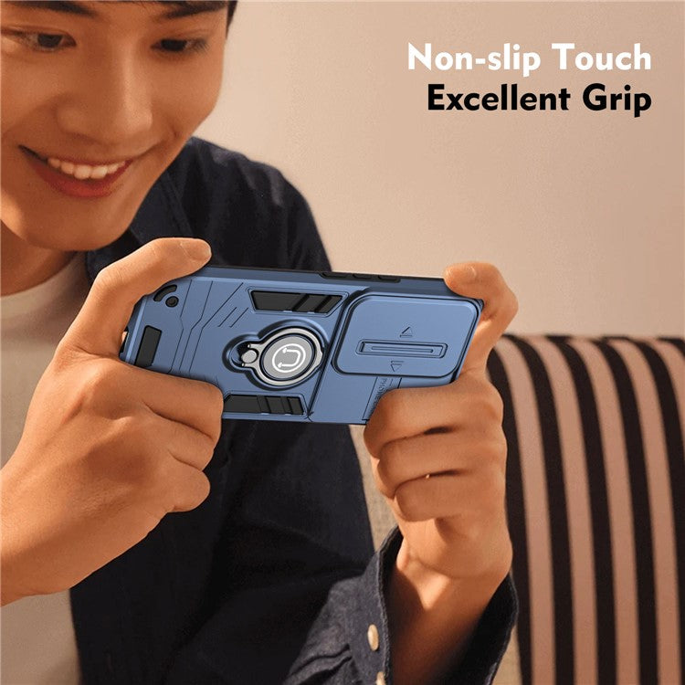Ring Holder Kickstand Phone Shell for Oppo Reno11 F 5G / F25 Pro 5G Case Slide Lens Lid Phone Cover - Blue